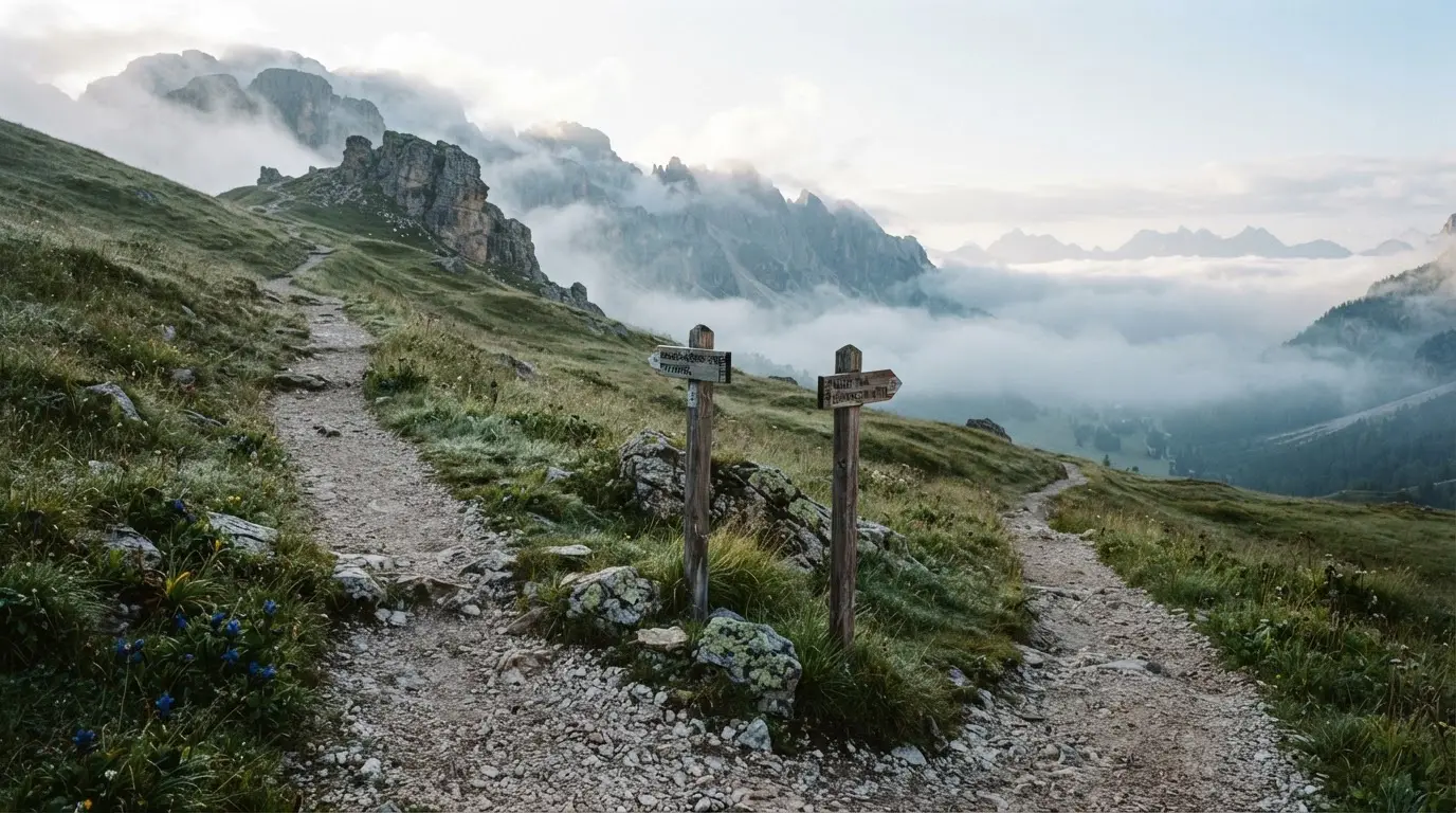 Eine Weggabelung auf einer Alpweide, zwei Pfade teilen sich zwischen Steinen, im Tal steigt Nebel auf.