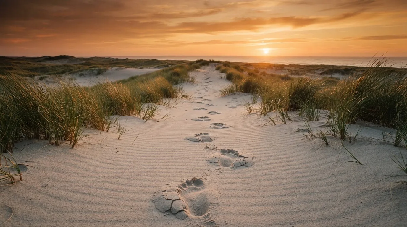 Spuren im Sand führen durch Dünengras auf den Horizont zu, die Sonne steht tief und färbt den Himmel orange.