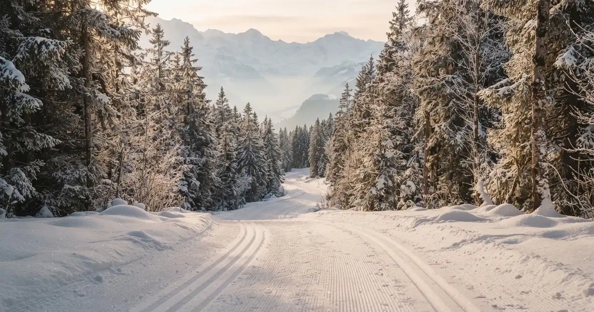 Eine verschneite Langlaufloipe führt durch Tannenwald im Morgenlicht, frische Spuren im Schnee, dahinter Berge im Dunst.