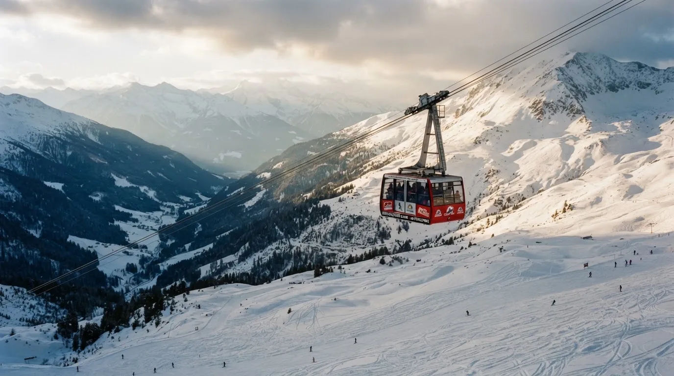 Eine Seilbahnkabine schwebt über einem verschneiten Tal, die Sonne bricht durch die Wolken und beleuchtet die Hänge.