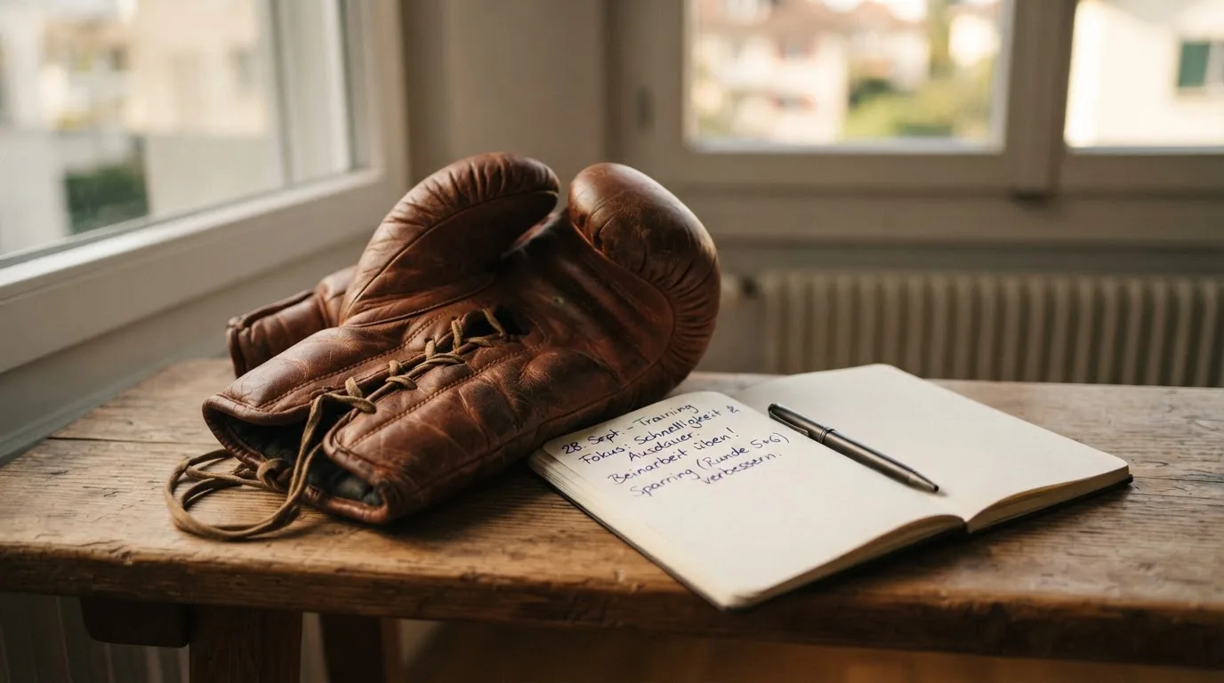 Ein Paar Boxhandschuhe aus Leder liegt auf einer Holzbank neben einem Notizbuch mit handgeschriebenen Zeilen, warmes Fensterlicht