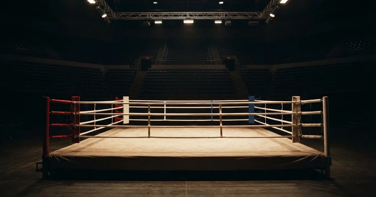 Ein leerer Boxring mit gespannten Seilen unter hellem Hallenlicht, dahinter ansteigende Zuschauerränge in einer grossen dunklen Halle
