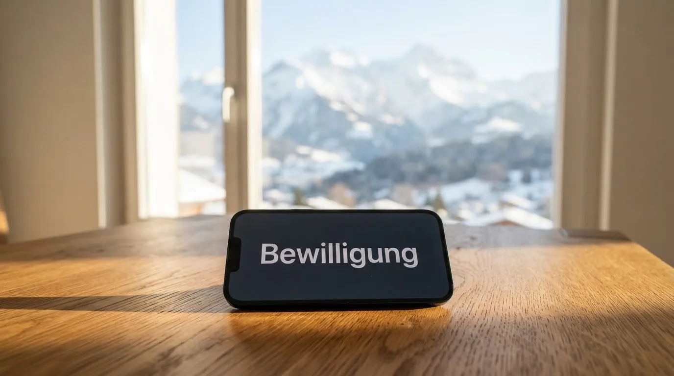 Ein Smartphone mit dunklem Bildschirm liegt auf einem Holztisch vor einem Fenster mit Blick auf schneebedeckte Gipfel