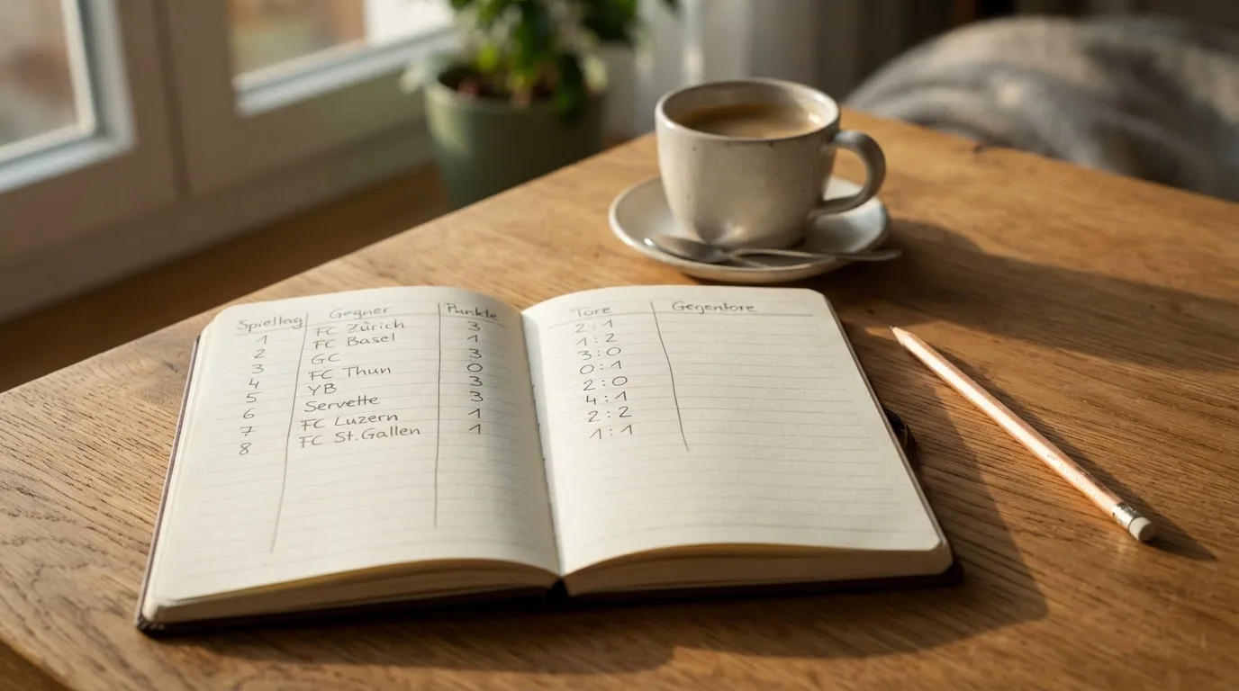 Ein aufgeschlagenes Notizbuch mit handgeschriebenen Spalten und ein Bleistift neben einer Tasse Kaffee auf einem Holztisch am Morgen