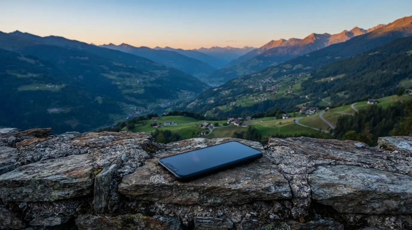 Ein Smartphone mit dunklem Display liegt auf einer Steinmauer, dahinter ein Alpental im Abendlicht