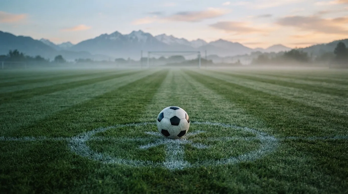 Ein einzelner Fussball auf dem Mittelpunkt eines leeren Rasens im Morgennebel, hinter dem Tor ragen Berge auf