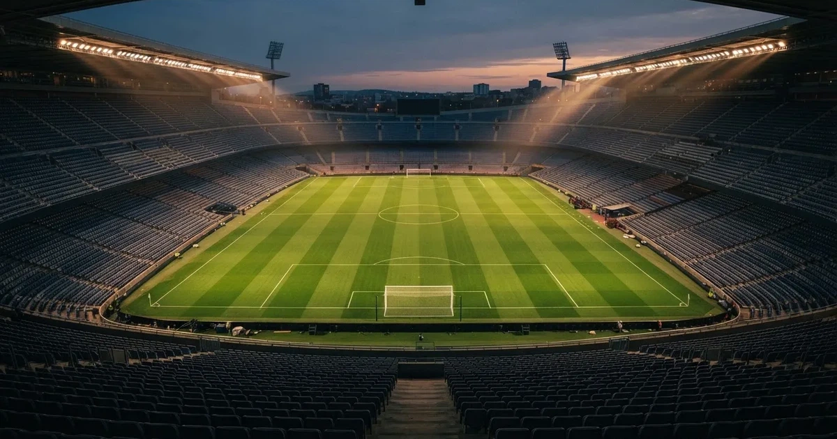 Ein Fussballstadion bei Flutlicht von einer Anhöhe aus gesehen, der Rasen leuchtet grün unter dunklem Abendhimmel
