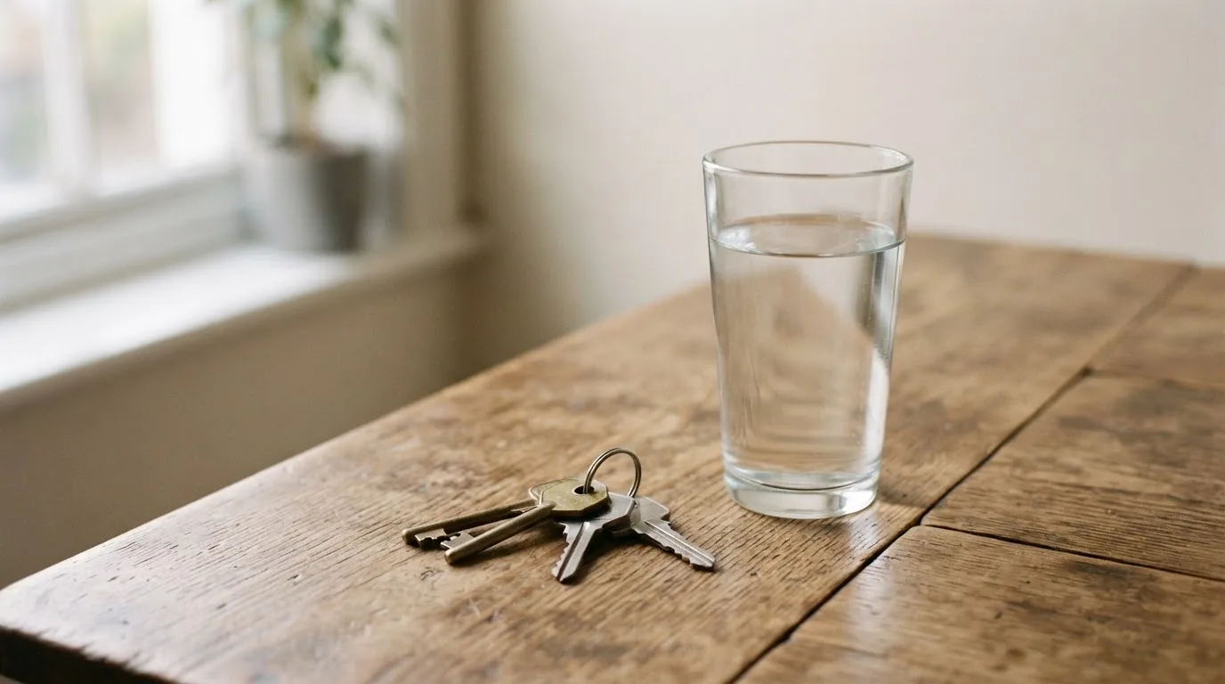 Ein Schlüsselbund und ein Glas Wasser stehen auf einem Holztisch im Licht eines Fensters