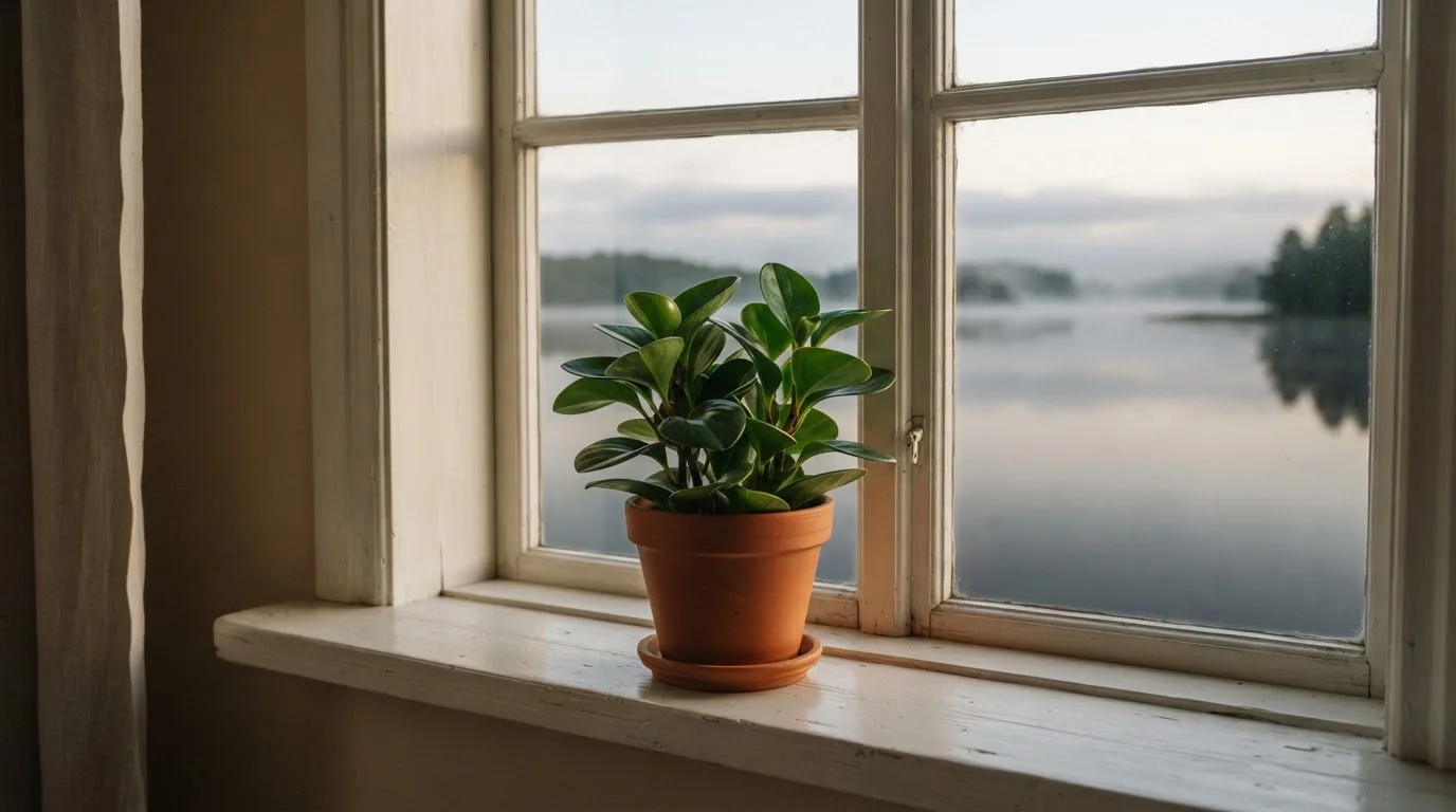 Eine Topfpflanze auf einem Fensterbrett mit weitem Blick über einen stillen See am Morgen