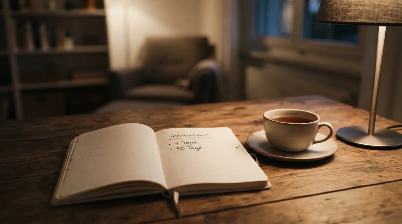 Ein Notizbuch mit handschriftlichen Einträgen und eine Tasse Tee stehen auf einem Tisch neben einer Stehlampe