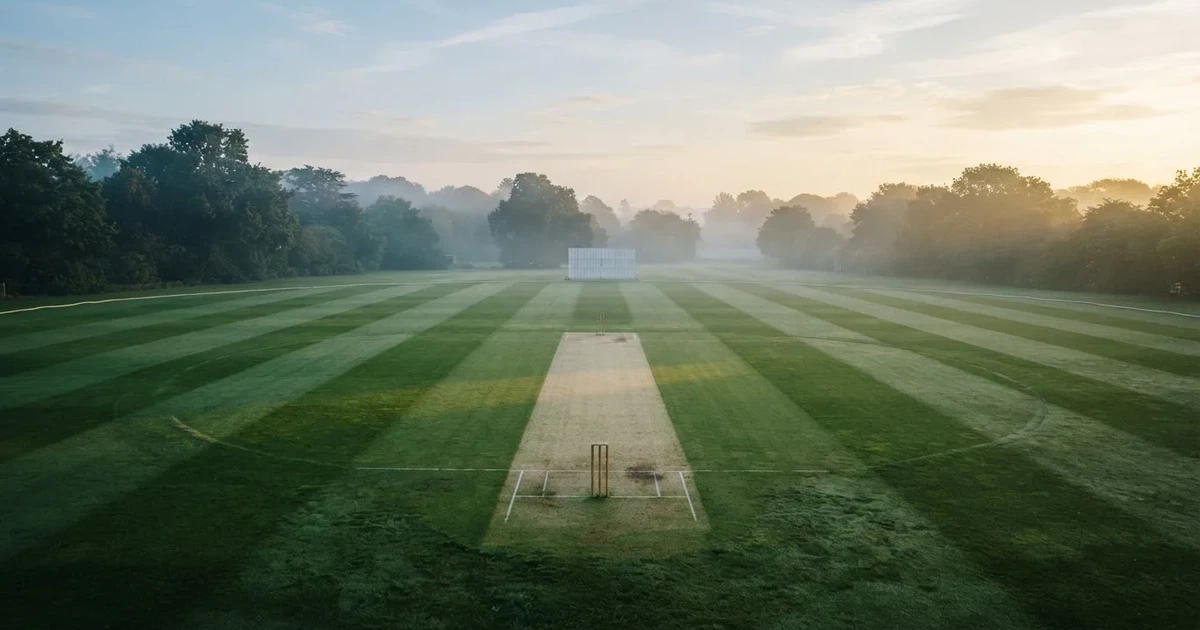 Ein ovales Cricketfeld mit gemähtem Rasen und hellem Mittelstreifen am frühen Morgen, Nebel zwischen den Bäumen am Rand