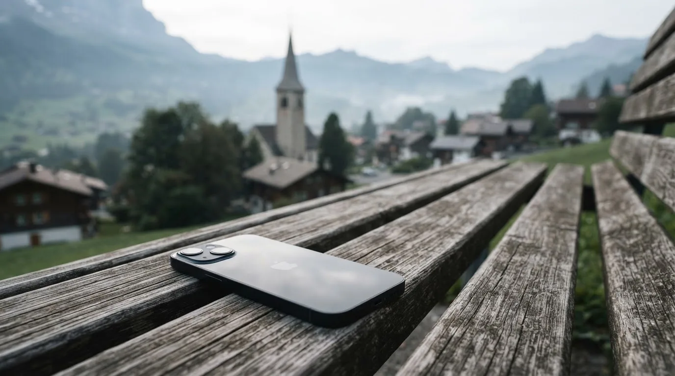 Ein Smartphone mit dunklem Display liegt auf einer Parkbank, dahinter ein Schweizer Dorf mit Kirchturm im Dunst