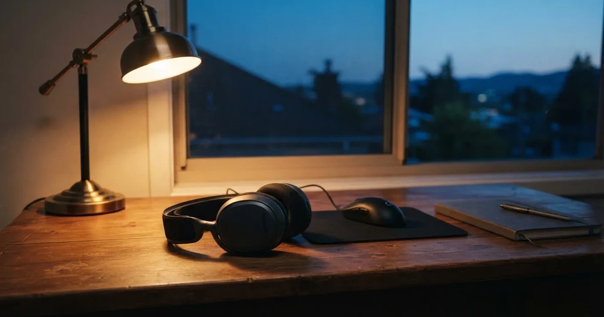 Ein Headset und eine Computermaus liegen auf einem Holzschreibtisch neben einer Tischlampe, draussen ist es Abend