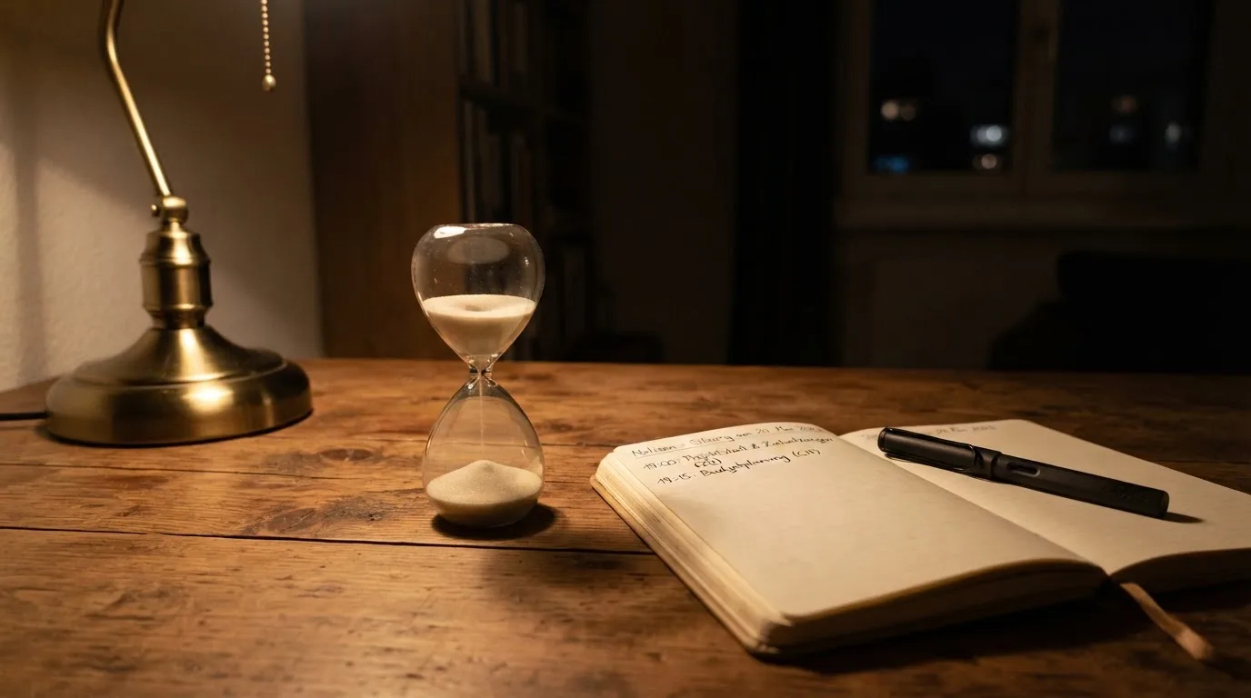 Eine Sanduhr steht auf einem Schreibtisch neben einem Notizbuch mit handschriftlichen Einträgen im Licht einer Lampe