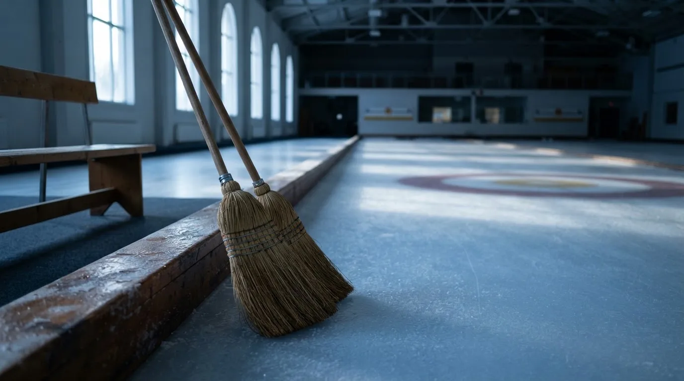 Zwei Curlingbesen lehnen an einer Bande am Rand einer leeren Eisfläche, kaltes Licht fällt durch hohe Fenster