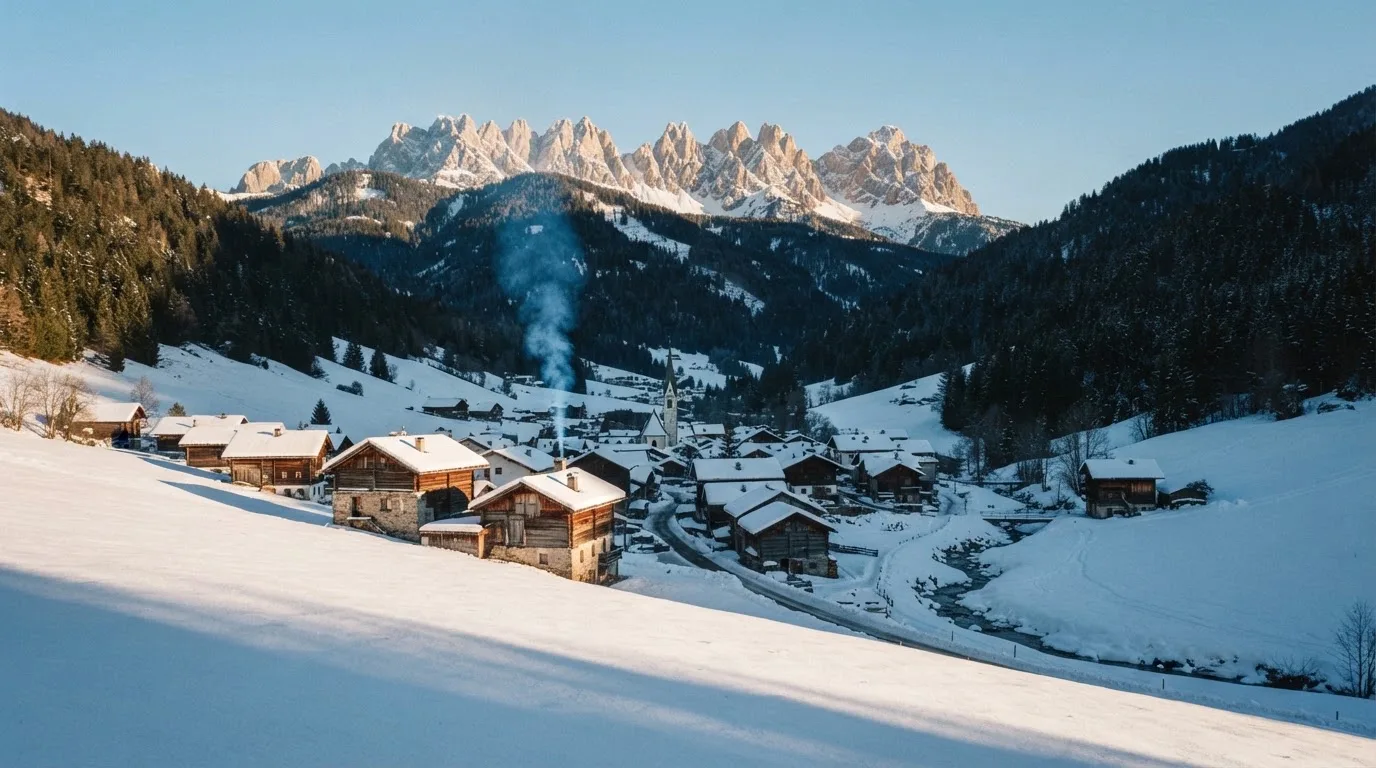 Ein Bergdorf im Schnee am Morgen aus der Ferne gesehen, aus einem Kamin steigt Rauch auf