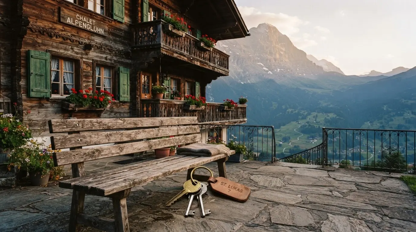 Eine Holzbank steht vor einem Chalet im Abendlicht, ein Schlüsselbund liegt darauf