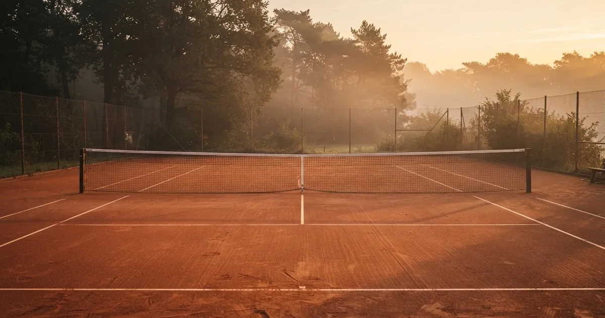 Ein Tennisplatz aus Sand bei Sonnenaufgang mit gespanntem Netz, Nebel zwischen den Bäumen am Rand