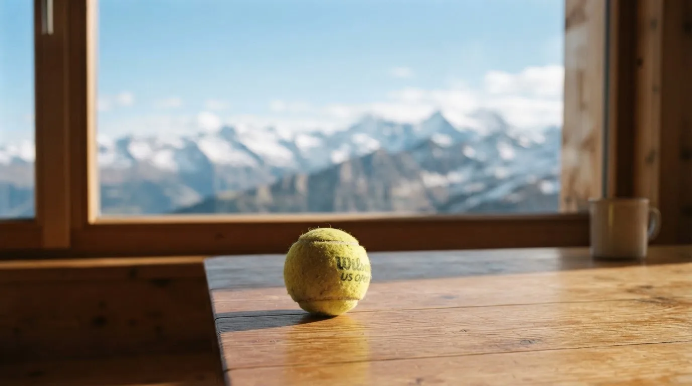 Ein einzelner gelber Tennisball liegt auf einem Holztisch vor einem Fenster mit Alpenblick