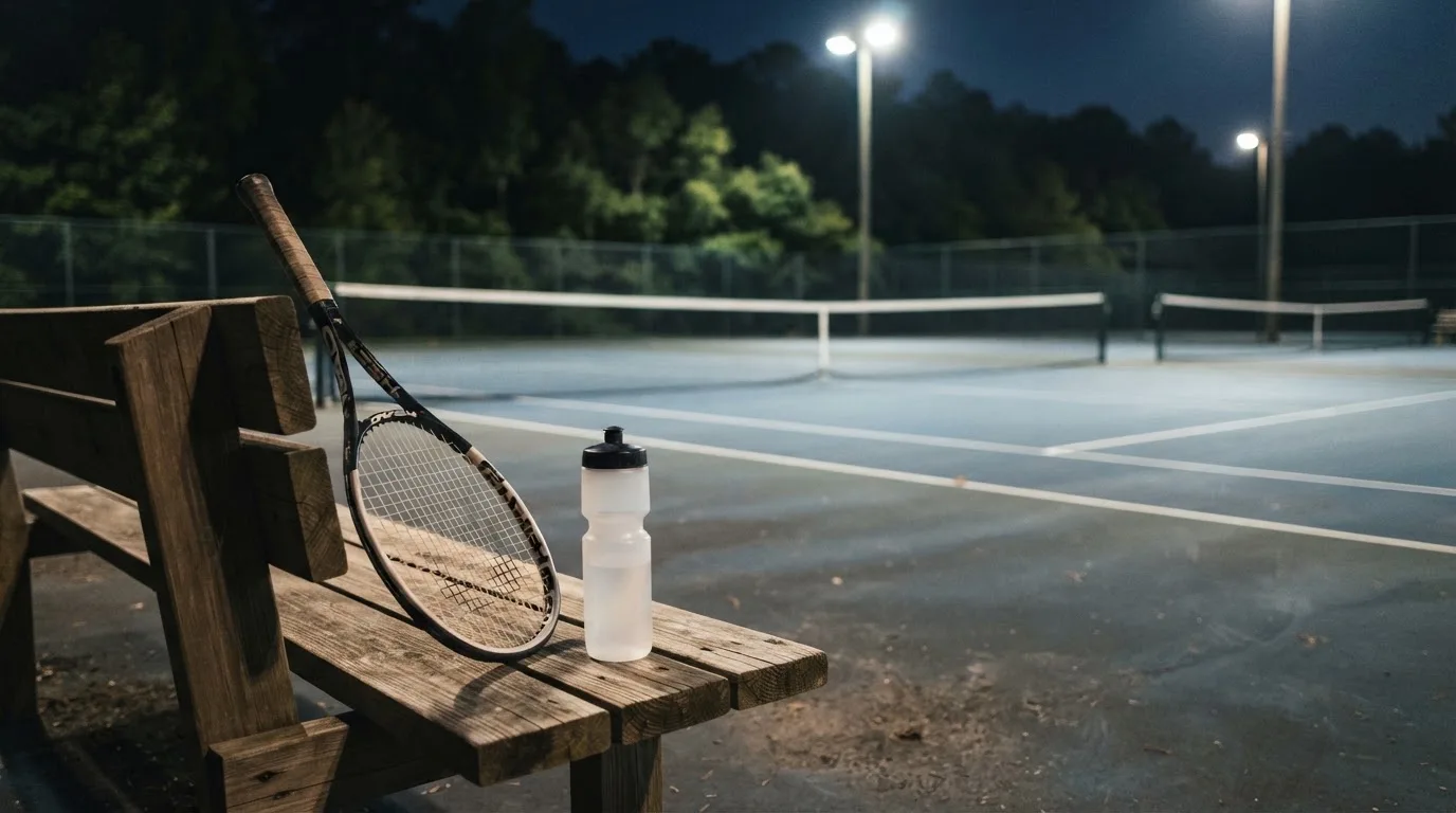 Ein Tennisschläger lehnt an einer Bank neben einer Wasserflasche, am Abend ruht der Platz im Flutlicht, aus der Ferne gesehen