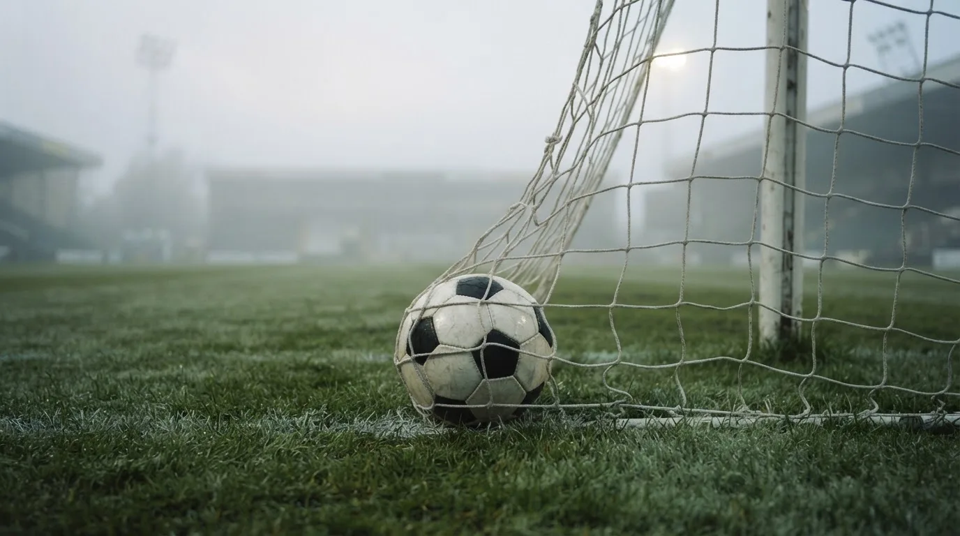 Ein Fussball liegt im Netz hinter einem Tor, weicher Morgennebel hängt über dem Rasen