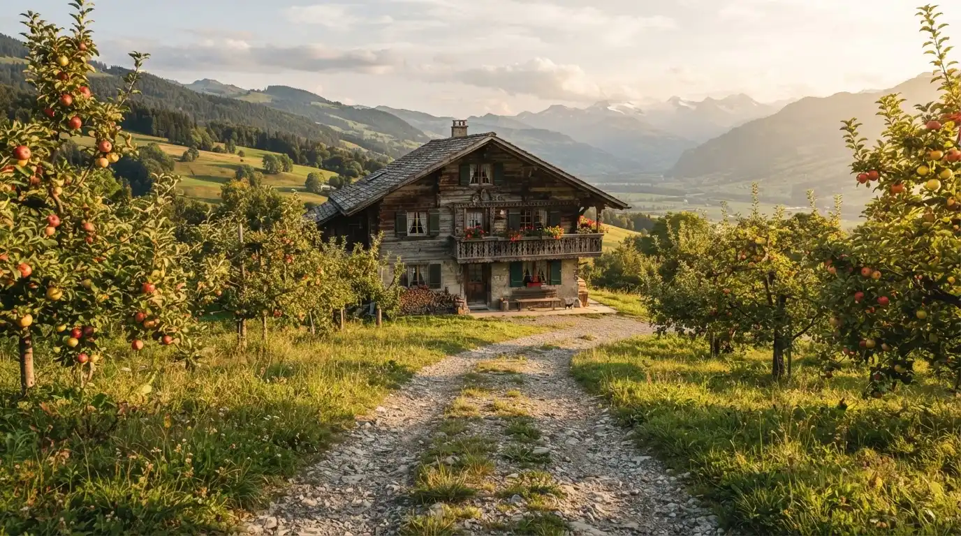 Ein Kiesweg führt durch einen Obstgarten zu einem Bauernhaus mit Holzbalkon, über dem Tal liegt Abendlicht
