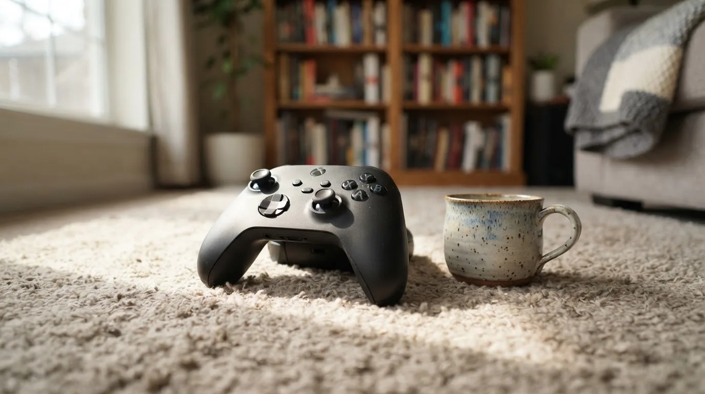Ein Spielcontroller liegt auf einem Teppich neben einer Tasse, im Hintergrund ein Regal mit Büchern