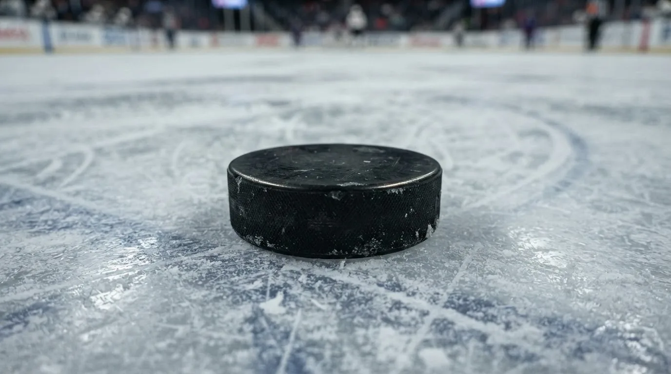 Ein Eishockeypuck liegt auf einer Eisfläche mit Kratzspuren, Nahaufnahme mit kühlen Reflexen
