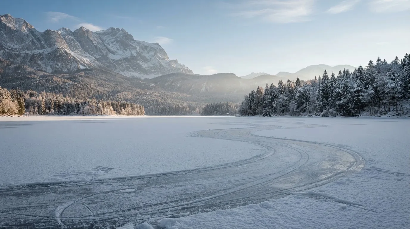 Ein zugefrorener Bergsee mit Spuren von Schlittschuhen am Morgen, dahinter ein verschneiter Wald