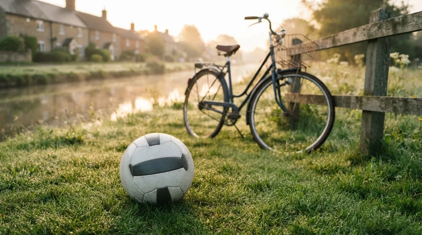 Ein Fussball liegt auf einer Wiese neben einem Fahrrad, im Hintergrund ein Kanal im Morgenlicht