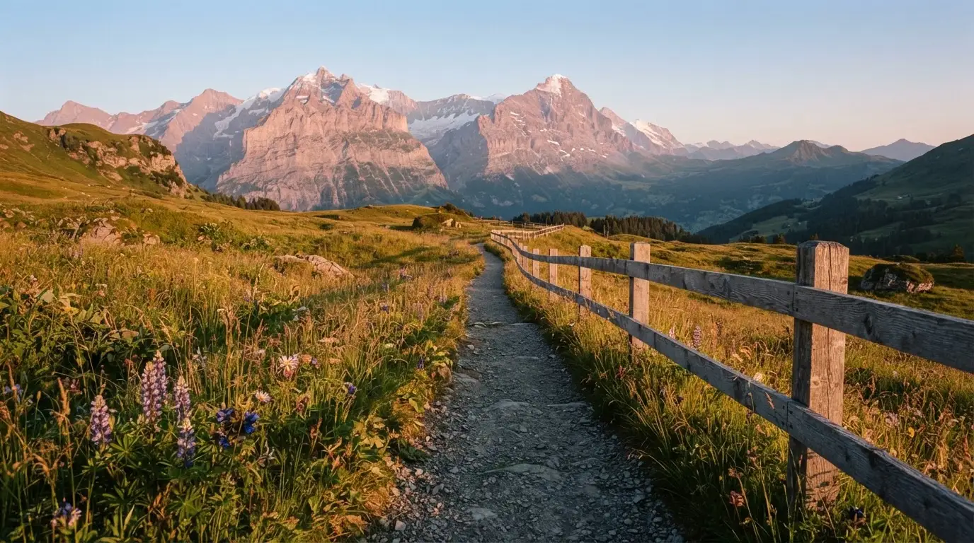 Ein Wanderweg führt durch eine Almwiese im Sonnenuntergang, am Wegrand steht ein Holzzaun