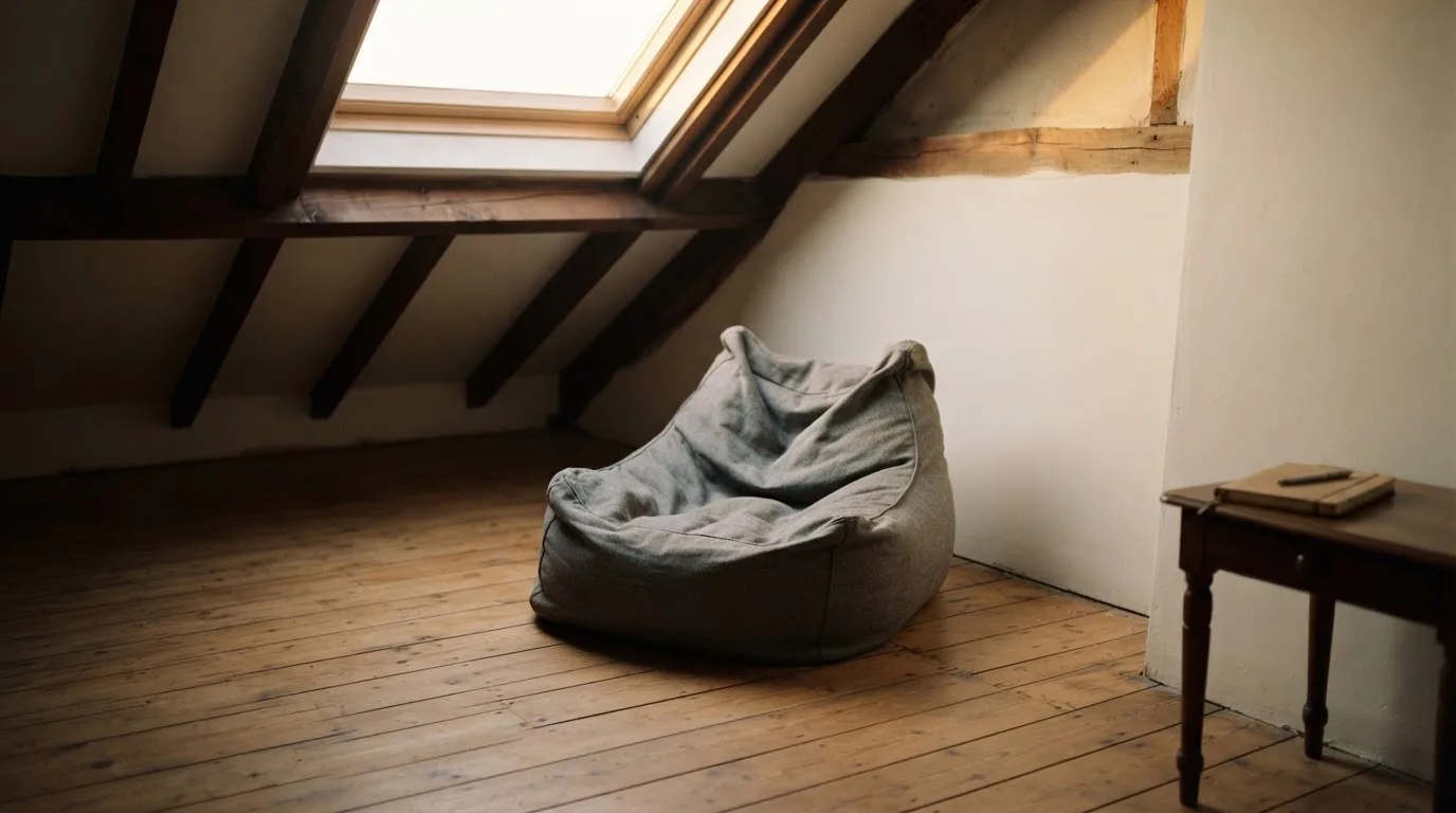 Ein leerer Sitzsack steht in einem Zimmer mit Dachfenster, Abendlicht fällt auf den Holzboden