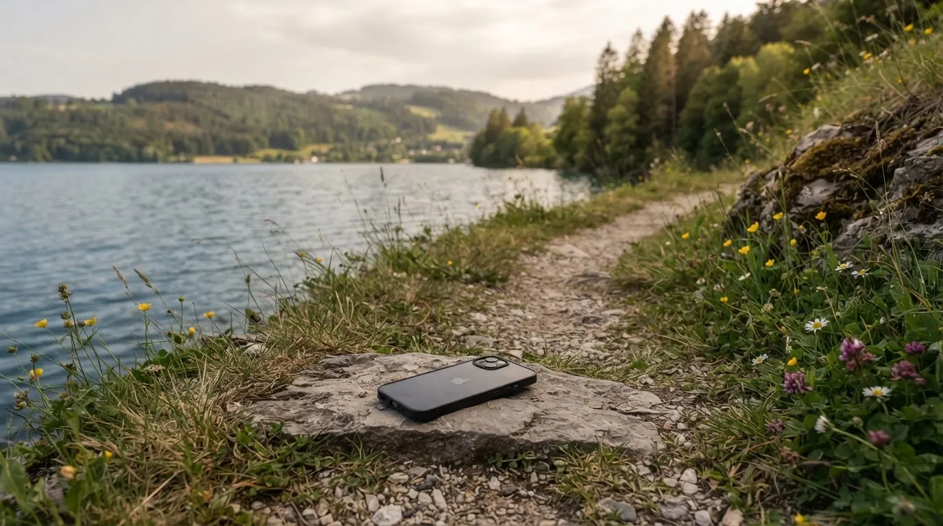 Ein schmaler Wanderweg führt am Seeufer entlang, auf einem Stein liegt ein Smartphone mit dunklem Display