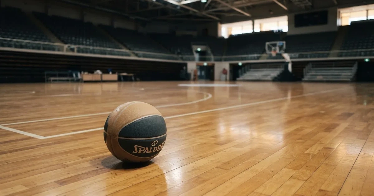 Ein Basketball liegt auf dem hellen Parkett einer leeren Halle, im Hintergrund steigen die Tribünenreihen im Halbdunkel an.