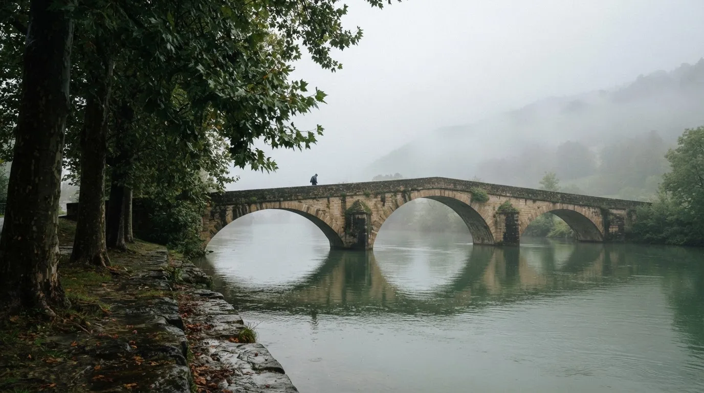 Ein breiter Fluss fliesst unter einer Steinbrücke im Nebel, am Ufer stehen Platanen mit nassen Blättern.