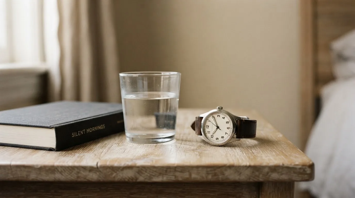 Eine Armbanduhr und ein Wasserglas stehen auf einem Nachttisch im ersten Morgenlicht, daneben ein zugeklapptes Buch.