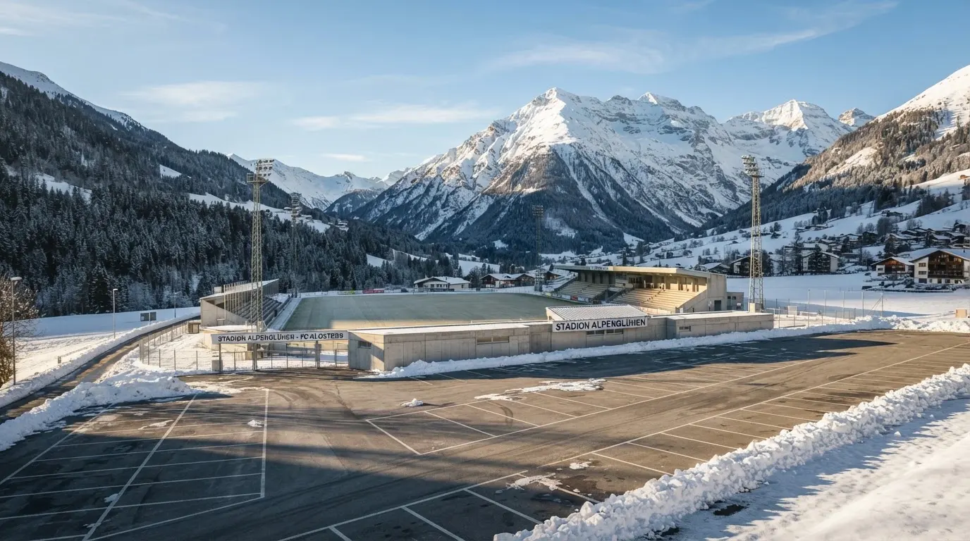 Schneebedeckte Berge ragen hinter einem kleinen Stadion in einem Alpental auf, im Vordergrund ein leerer Parkplatz am Morgen.