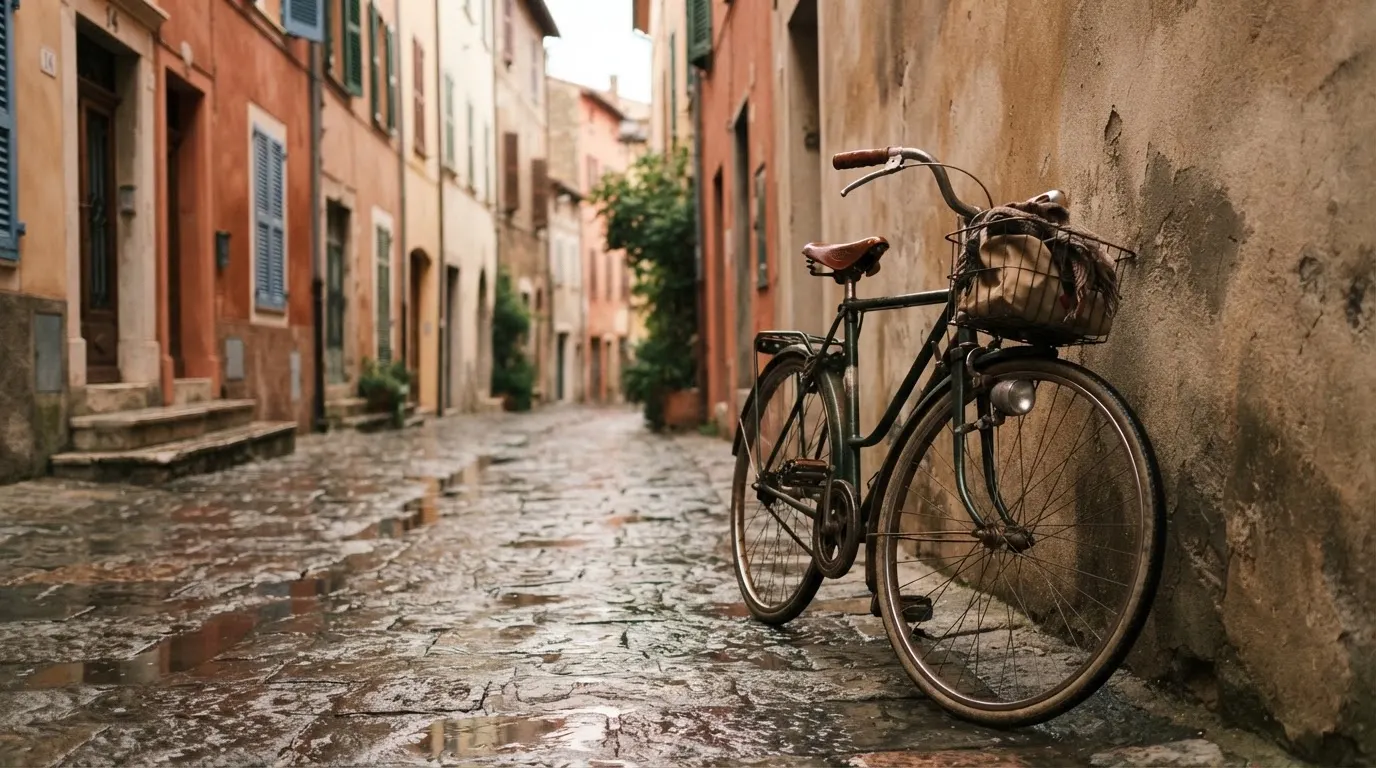 Ein Fahrrad lehnt an einer Mauer in einer Altstadtgasse, das Kopfsteinpflaster glänzt nass nach dem Regen.