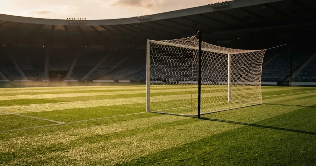 Ein Fussballtor mit weissem Netz steht auf frisch gemähtem Rasen, die hellen und dunklen Streifen im Gras leuchten im Gegenlicht.