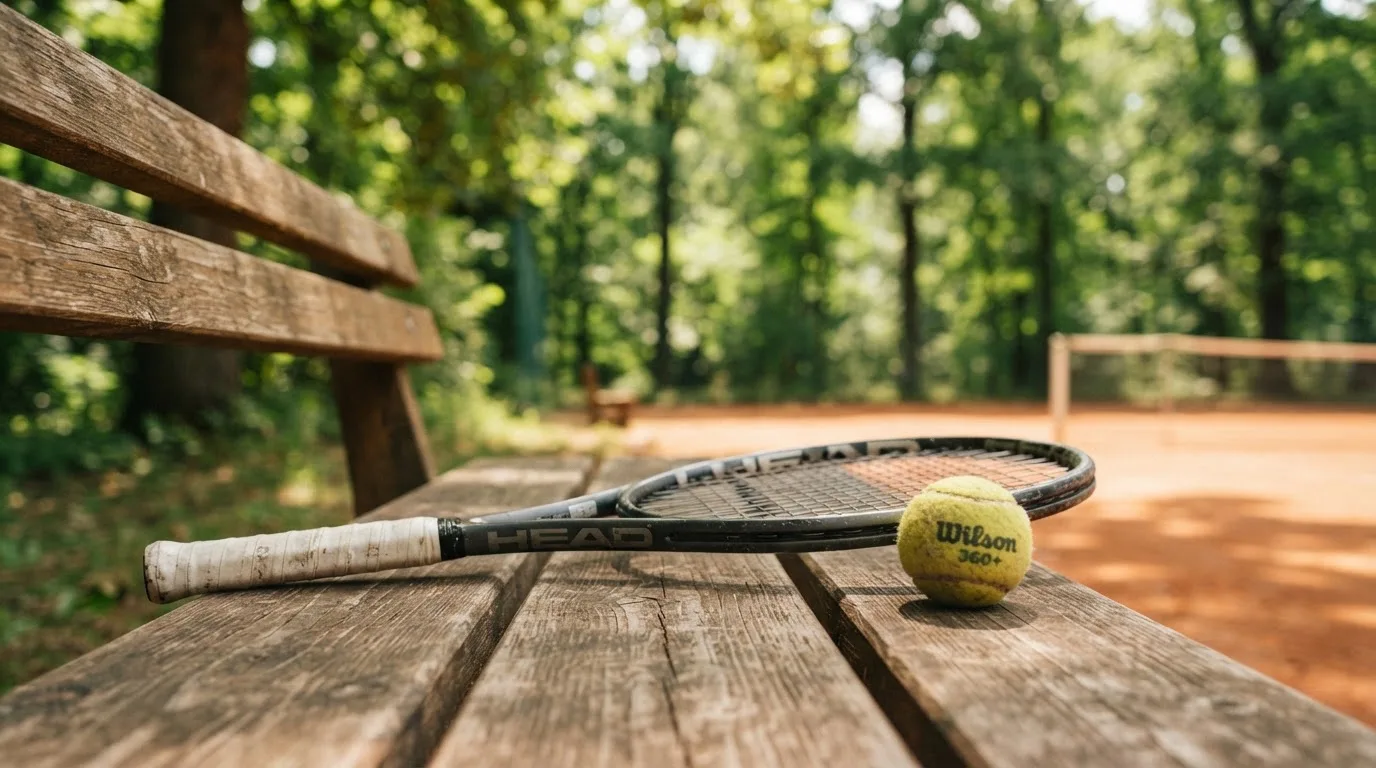 Ein Tennisball und ein Schläger ruhen auf einer Holzbank am Spielfeldrand, im Hintergrund hohe Bäume im Sommerlicht.