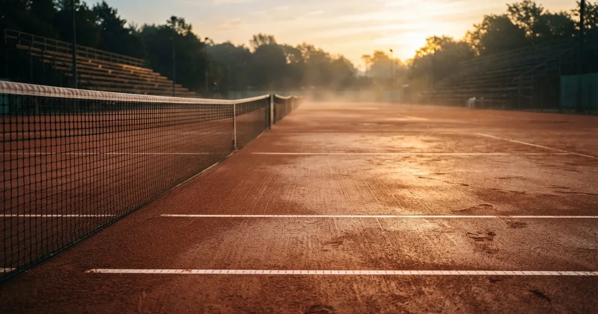 Ein Tennisplatz aus rotem Sand liegt im ersten Licht des Morgens, das Netz hängt still und die Linien sind frisch gezogen.
