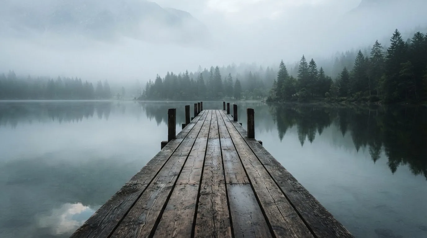 Ein Holzsteg führt über einen ruhigen Bergsee im Nebel, am anderen Ufer stehen dunkle Tannen.