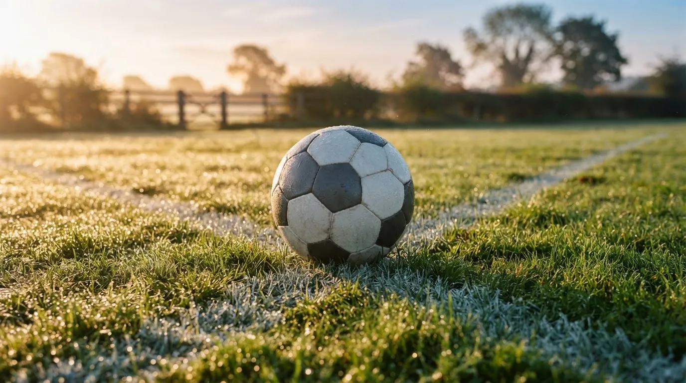 Ein Fussball liegt im Tau auf der Mittellinie eines Dorfplatzes bei Sonnenaufgang, der Rasen glitzert.