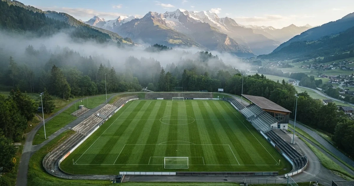 Ein Fussballplatz aus der Vogelperspektive mit sauberen Linien auf dichtem Rasen, in der Ferne verschneite Berge.