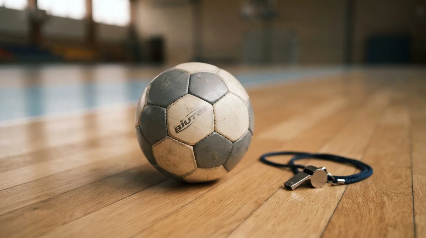 Ein kleiner, schwerer Ball liegt auf glattem Hallenparkett neben einer Trillerpfeife an einer Schnur.
