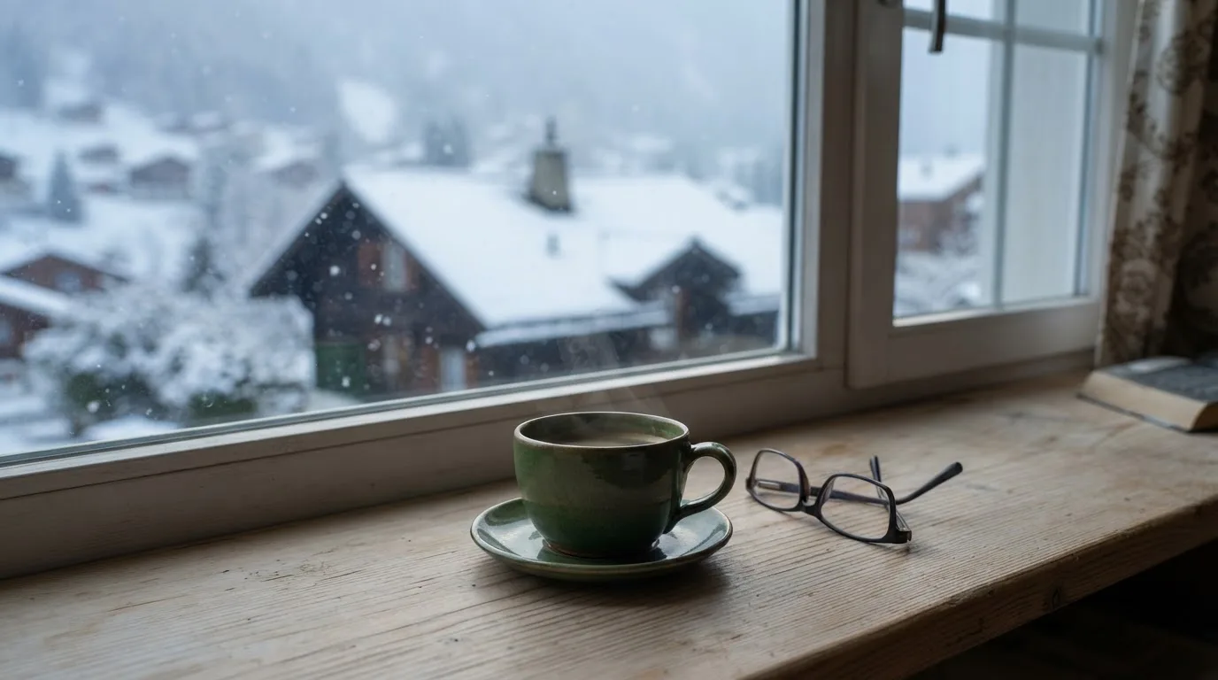Eine Kaffeetasse und eine Brille stehen auf einem Fensterbrett, draussen fällt Schnee auf ein Dach.
