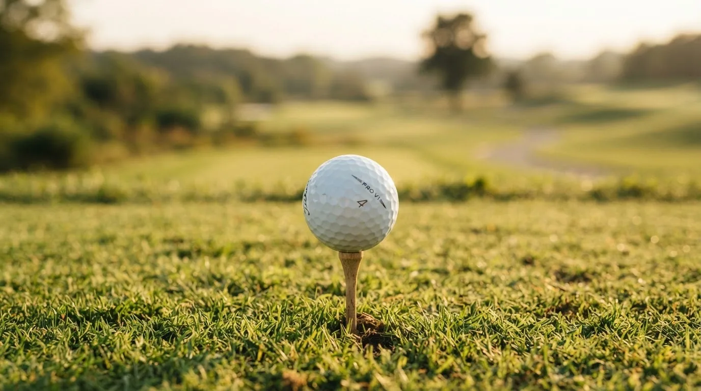 Ein Golfball liegt auf einem Holztee im Gras, scharf im Vordergrund, dahinter verschwimmt eine weite Wiese.
