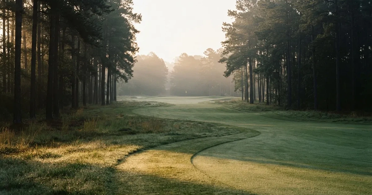 Ein weites Fairway zieht sich im Dunst des frühen Morgens zwischen Föhren hin, Tau liegt auf dem kurzen Gras.