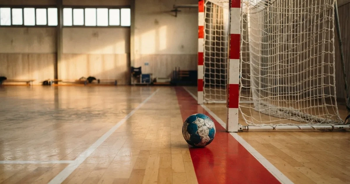 Ein Tor mit dicht gespanntem Netz steht in einer grossen Halle, davor liegt ein Handball auf der Torraumlinie.