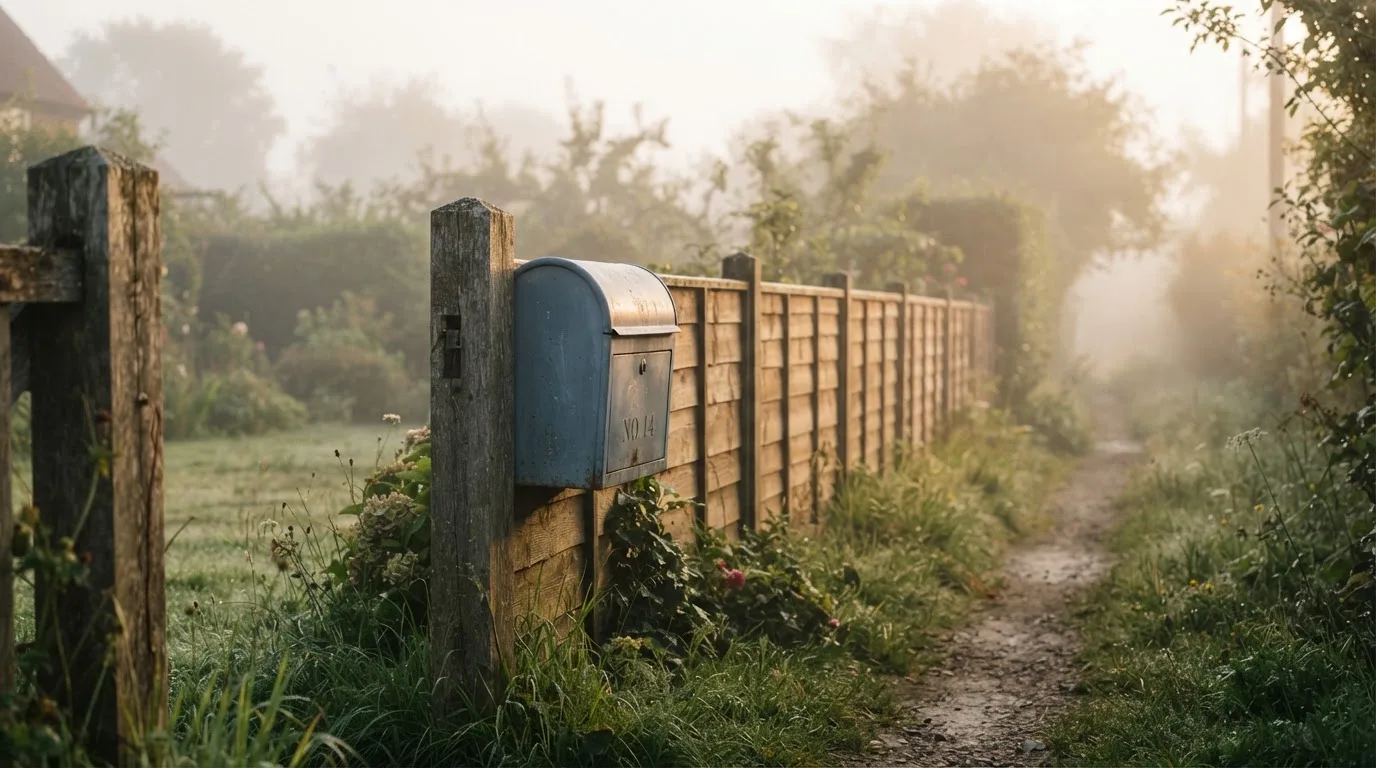 Ein Briefkasten aus Metall hängt an einem Holzzaun, dahinter liegt ein Garten im Morgennebel.